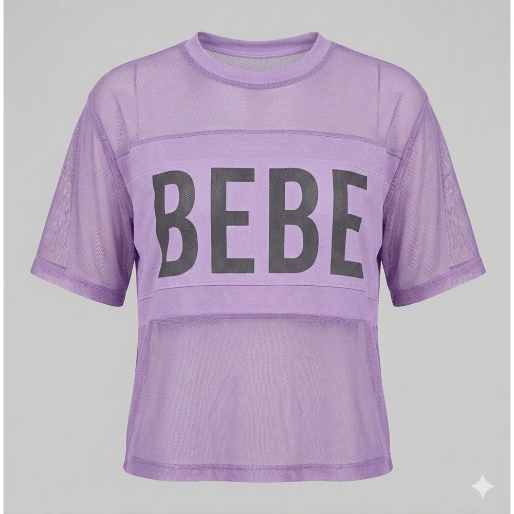 Bebe Y2K Womens XL Purple Sheer Mesh Graphic Short Sleeve Activewear Top‎ Gym